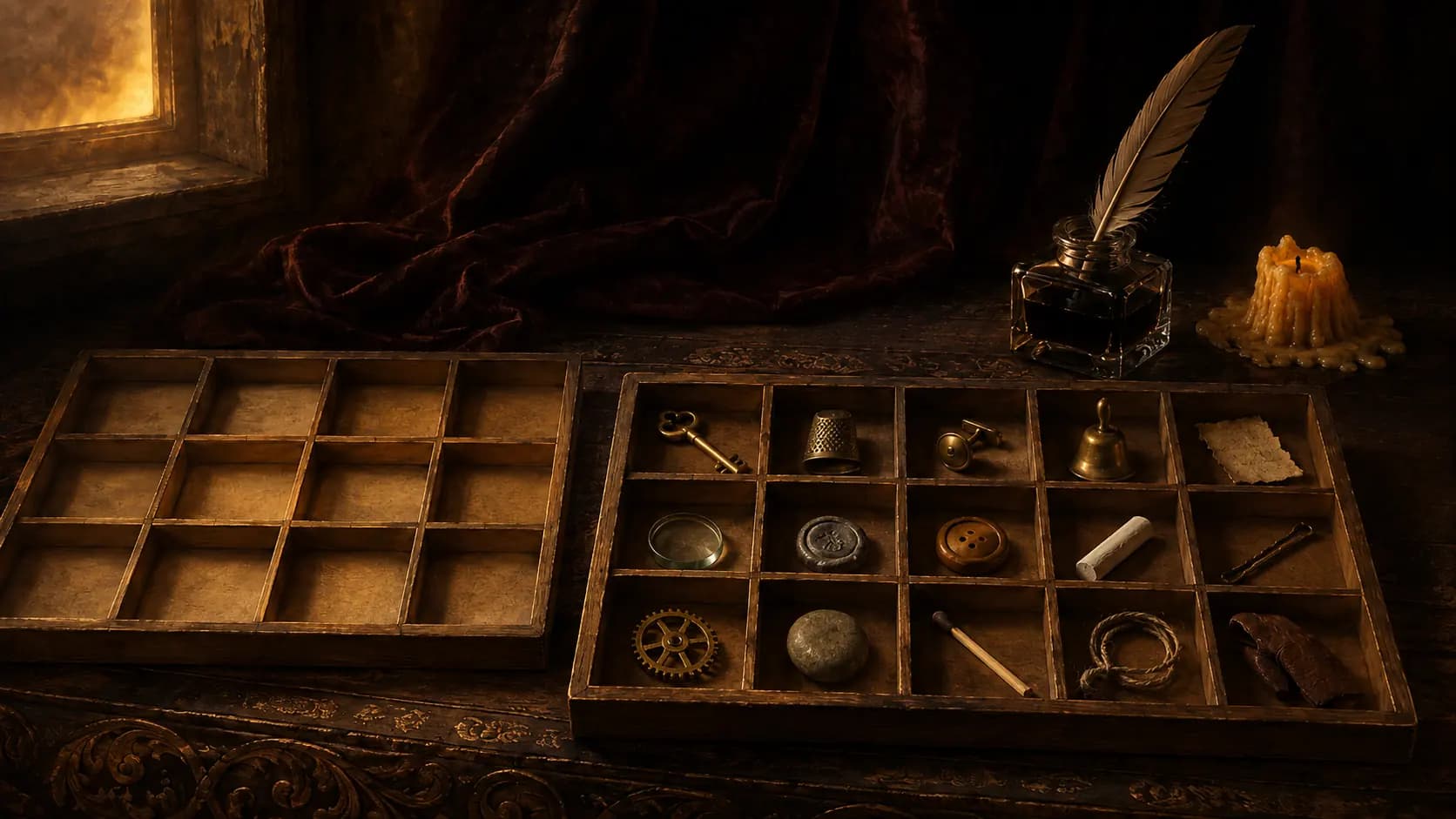 Two shallow wooden type cases on a dark carved desk by candlelight. The one further back holds twelve empty compartments. The nearer one holds fifteen, each with a different small worn object in it.