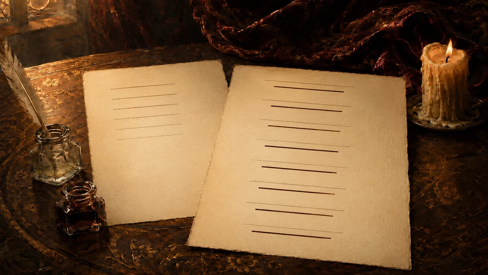 Two sheets of aged paper overlap on a carved desk. The left one carries six faint ruled lines with nothing under them and the rest of the page left empty, while the right carries eight pairs of lines, each pair a faint line with a darker one beneath it in a warmer ink. A quill stands in a clear inkwell beside a smaller inkwell of darker ink, and a candle burns to the right of the paper.