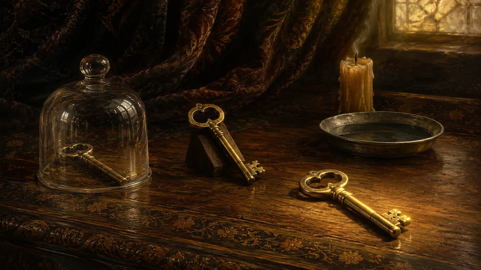 Three identical worn brass keys on a desk, one sealed under a glass dome, one propped at a slant against a wooden wedge, the third lying flat and unmarked in the brightest light