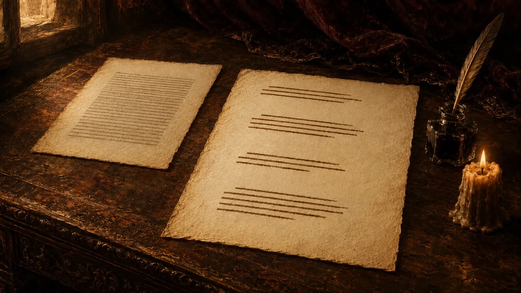 Two manuscript sheets on a dark table by candlelight. The one set further back carries a single dense block of pale lines. The nearer one carries four separate groups divided by bands of blank paper.