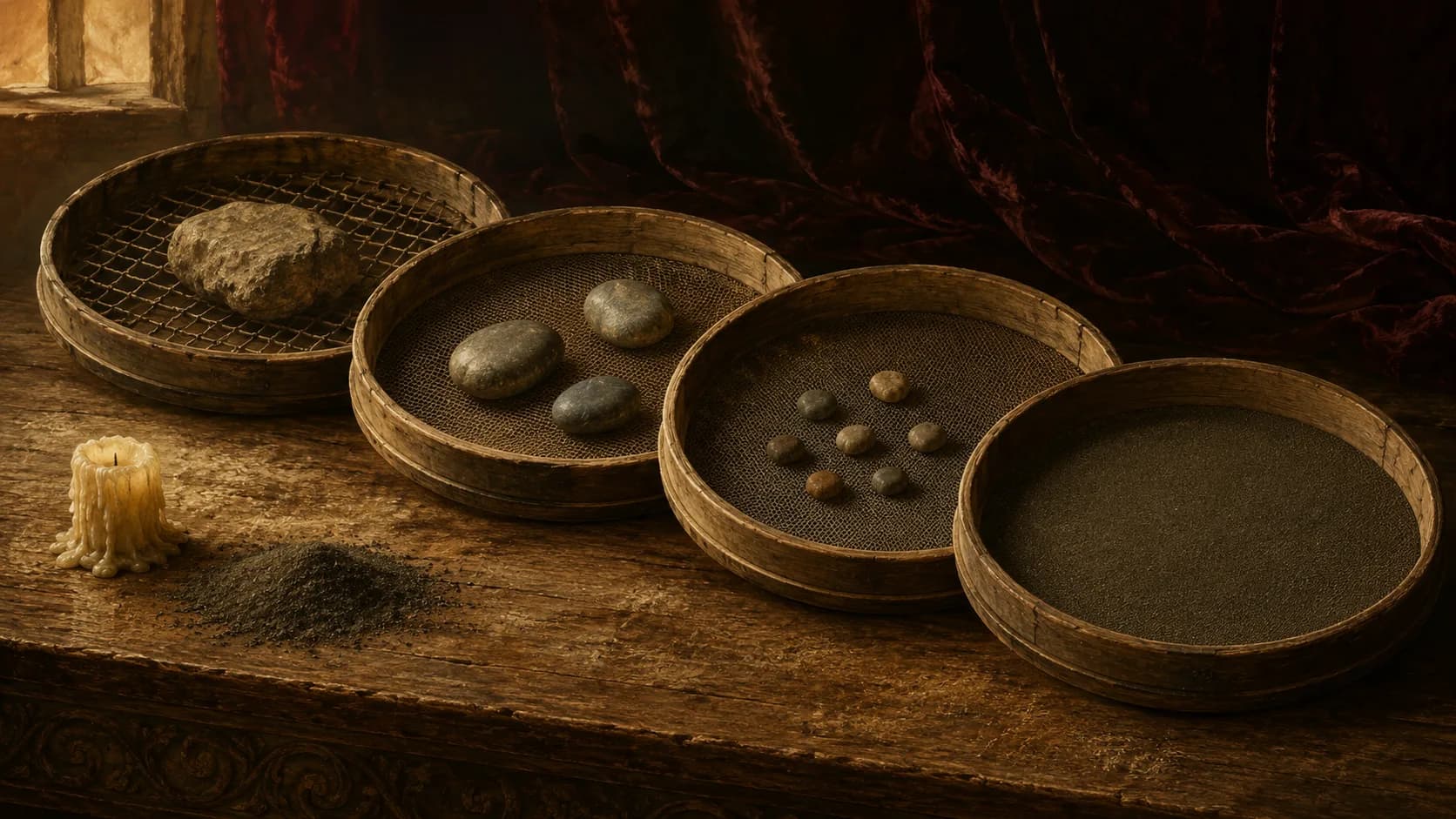 Four round wooden sieves in a row, the mesh growing finer from left to right, holding in turn one rough stone, three smooth pebbles, a scatter of small ones and an even layer of dark sand