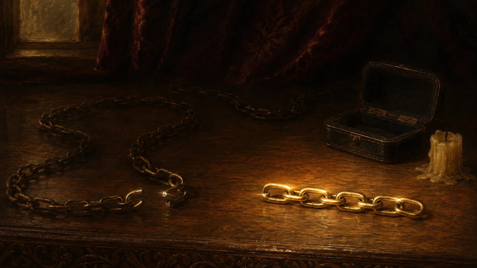 A long tarnished brass chain curving away across a dark desk and out of the frame, broken open at one point into two bent ends, with the short polished length that came out of it lying apart in the light beside an empty leather case
