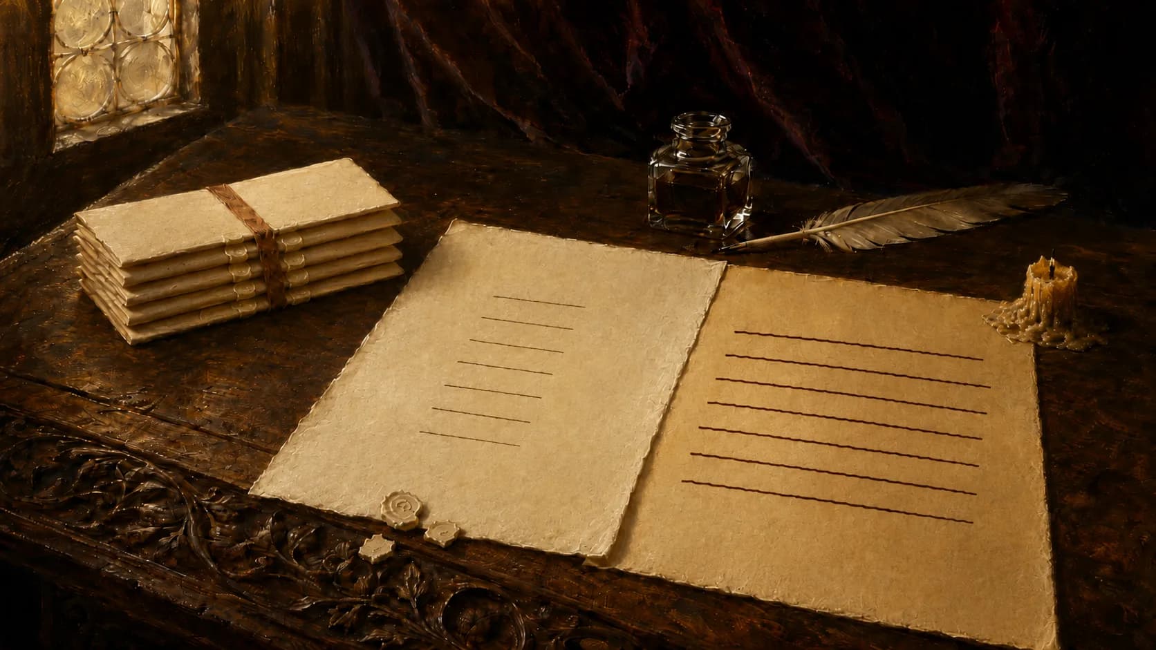 A painted still life on a carved desk by candlelight. Five folded letters lie stacked and sealed under a faded ribbon, none of them opened. Beside them one sheet carries seven short pale ruled lines, its broken seal in three pieces on the wood, and a second sheet alongside carries darker lines in a warmer ink, each one running further right than the pale line beside it.