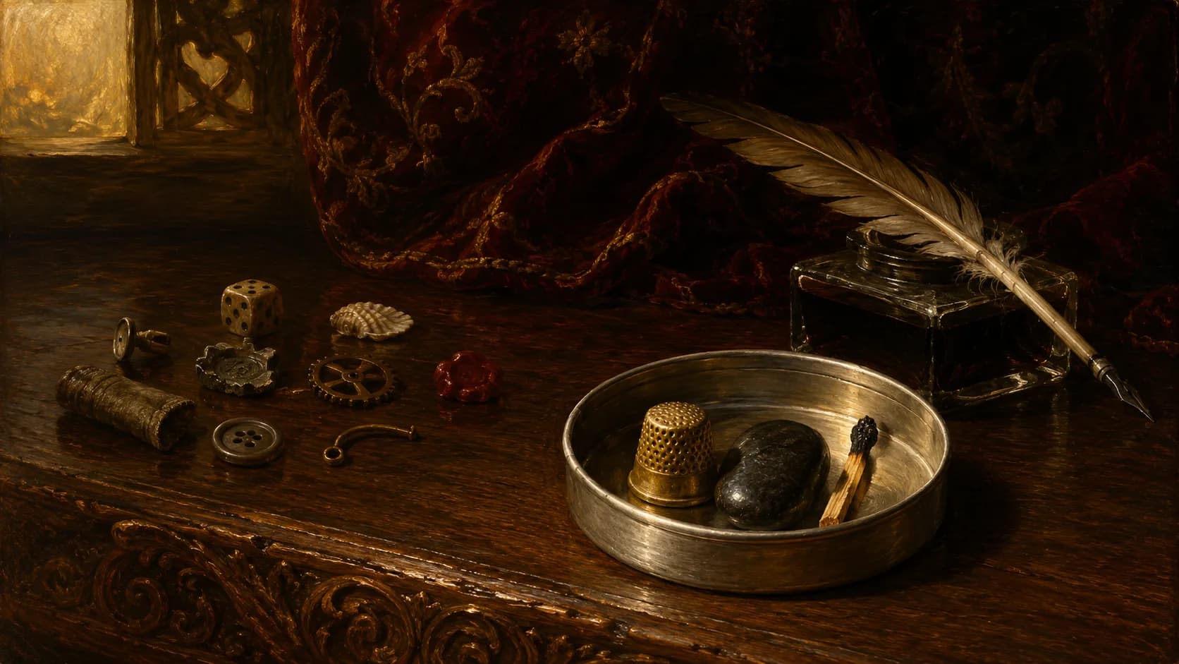 A shallow pewter dish holding a brass thimble, a dark pebble and a burnt match pressed close together, while nine other small worn objects lie scattered outside it in shadow