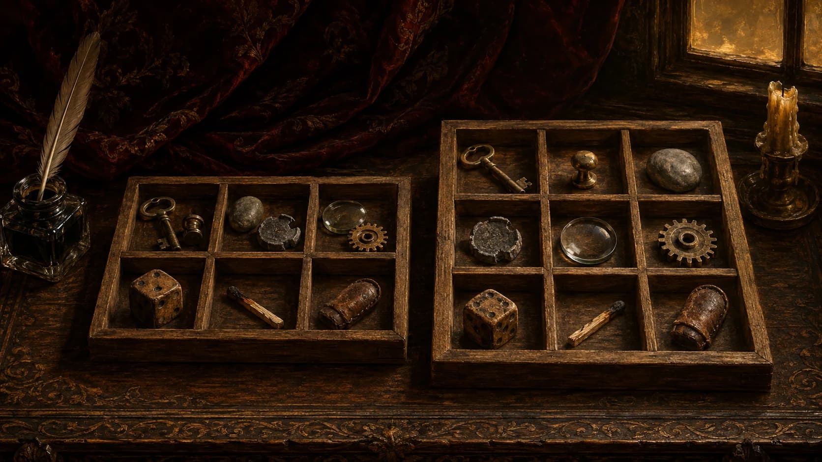 Two shallow wooden compartment trays on a carved table by candlelight. The tray on the left has six compartments, three of them holding two small worn objects each. The larger tray on the right has nine compartments, holding the same nine objects one to a compartment.