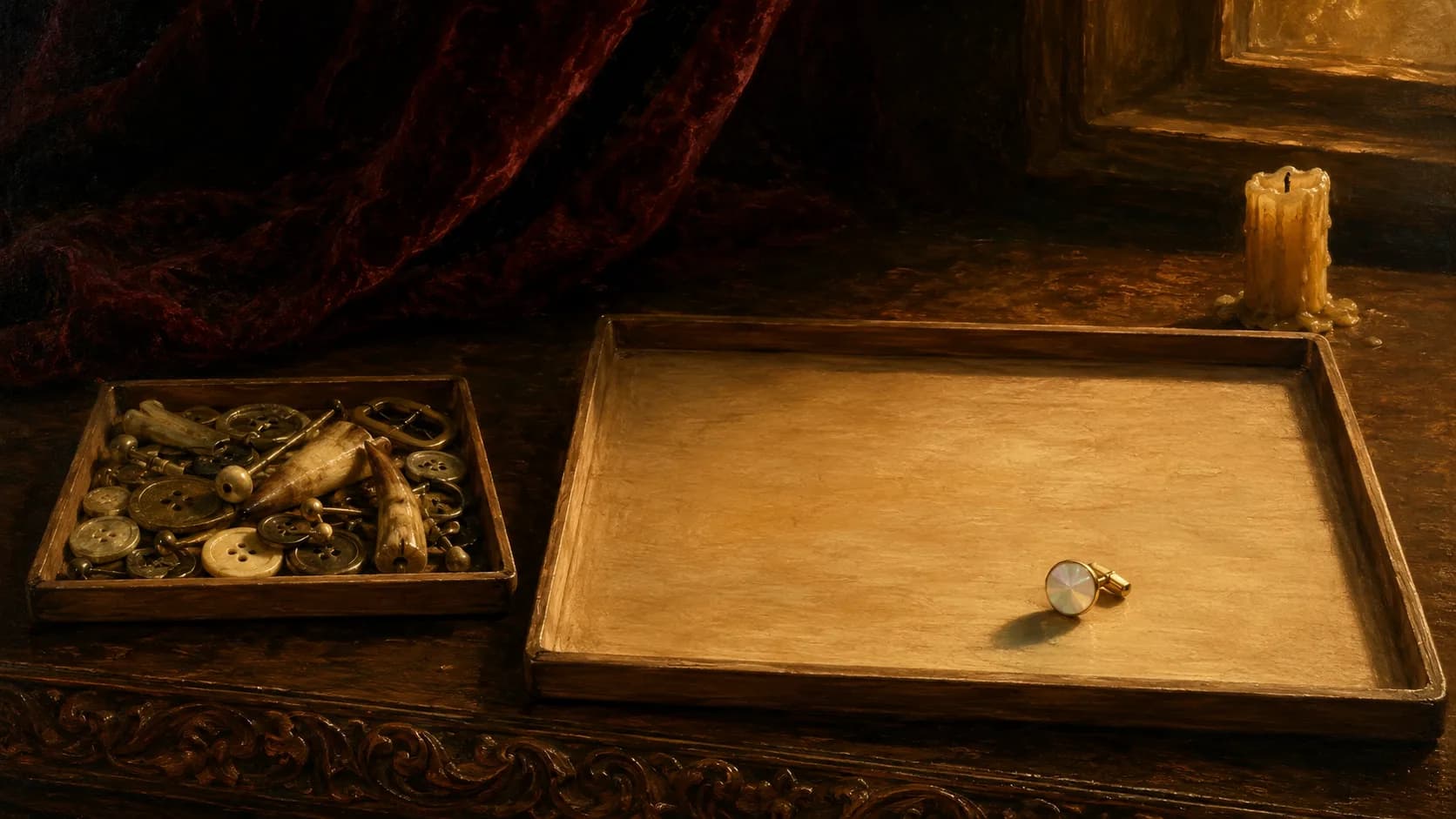 Two wooden trays, the near one almost entirely empty with a single mother-of-pearl cufflink resting off centre, the far one crowded with buttons, keys and clasps that hide its floor