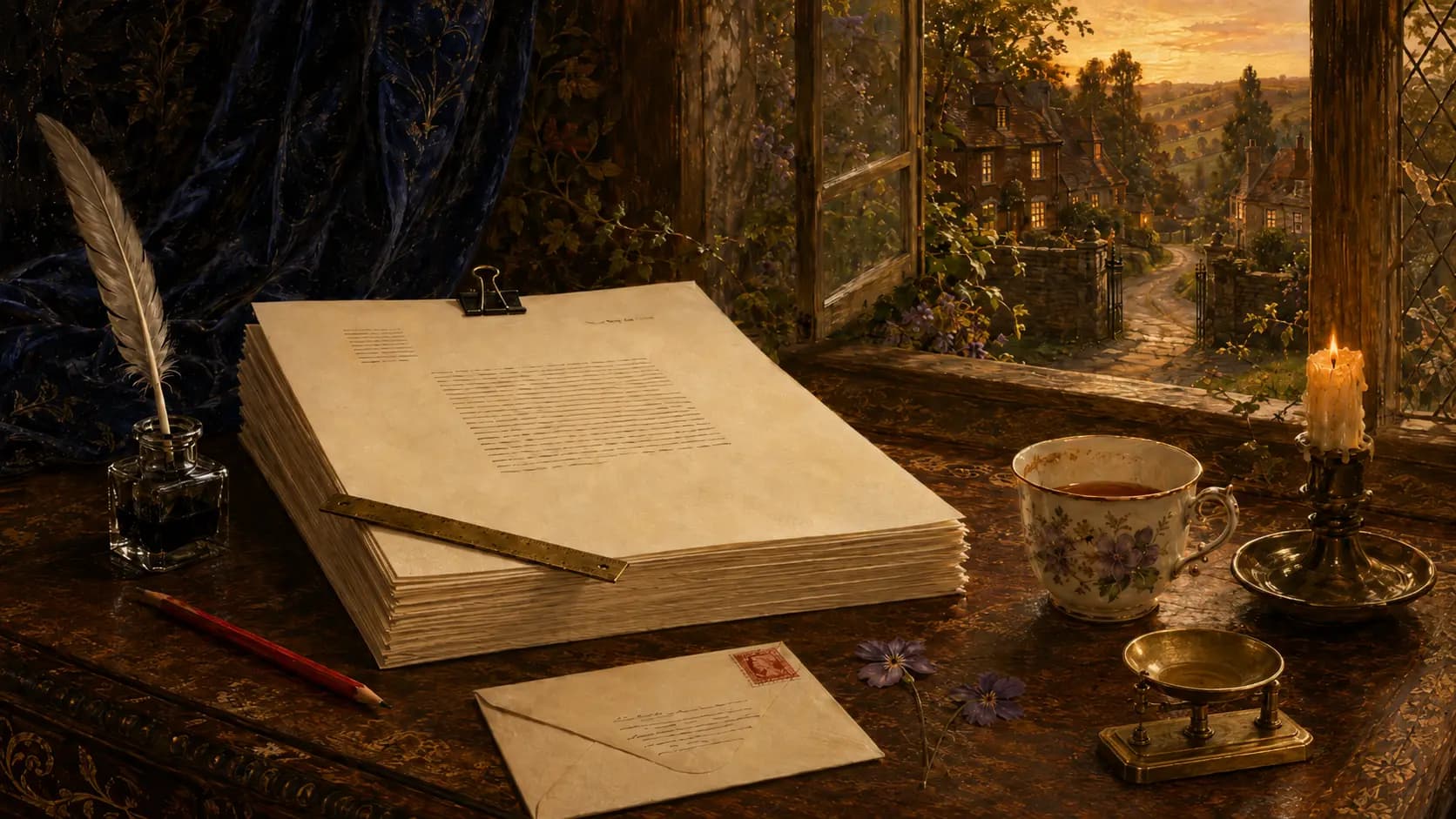 A thick manuscript squared up under a black clip on a desk at dusk, its title page showing wide margins, a red pencil and a brass ruler beside it