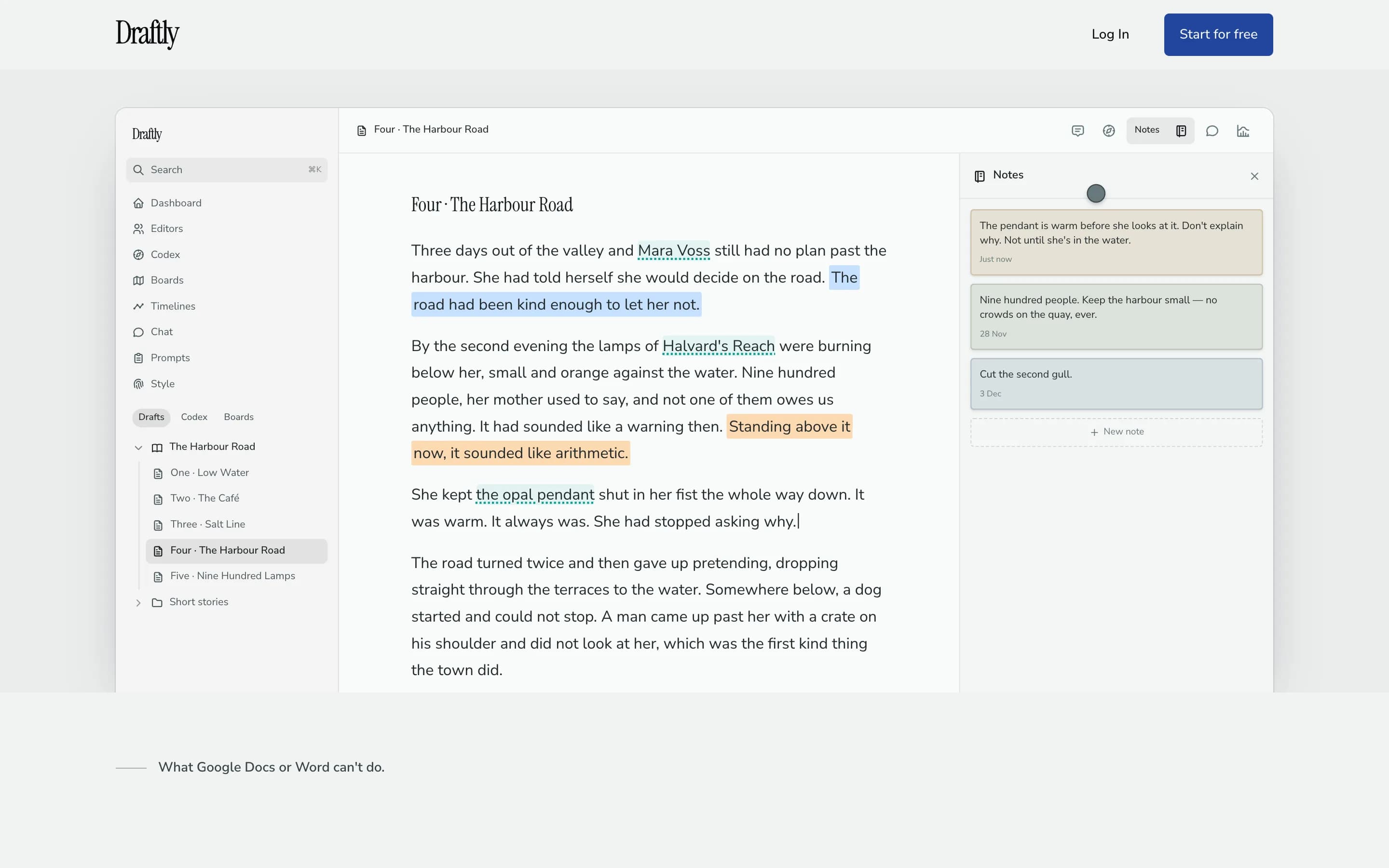 The Draftly editor with a chapter open, the book's chapters listed down the left, the cast and places underlined in the prose, and notes on the draft in a panel beside it