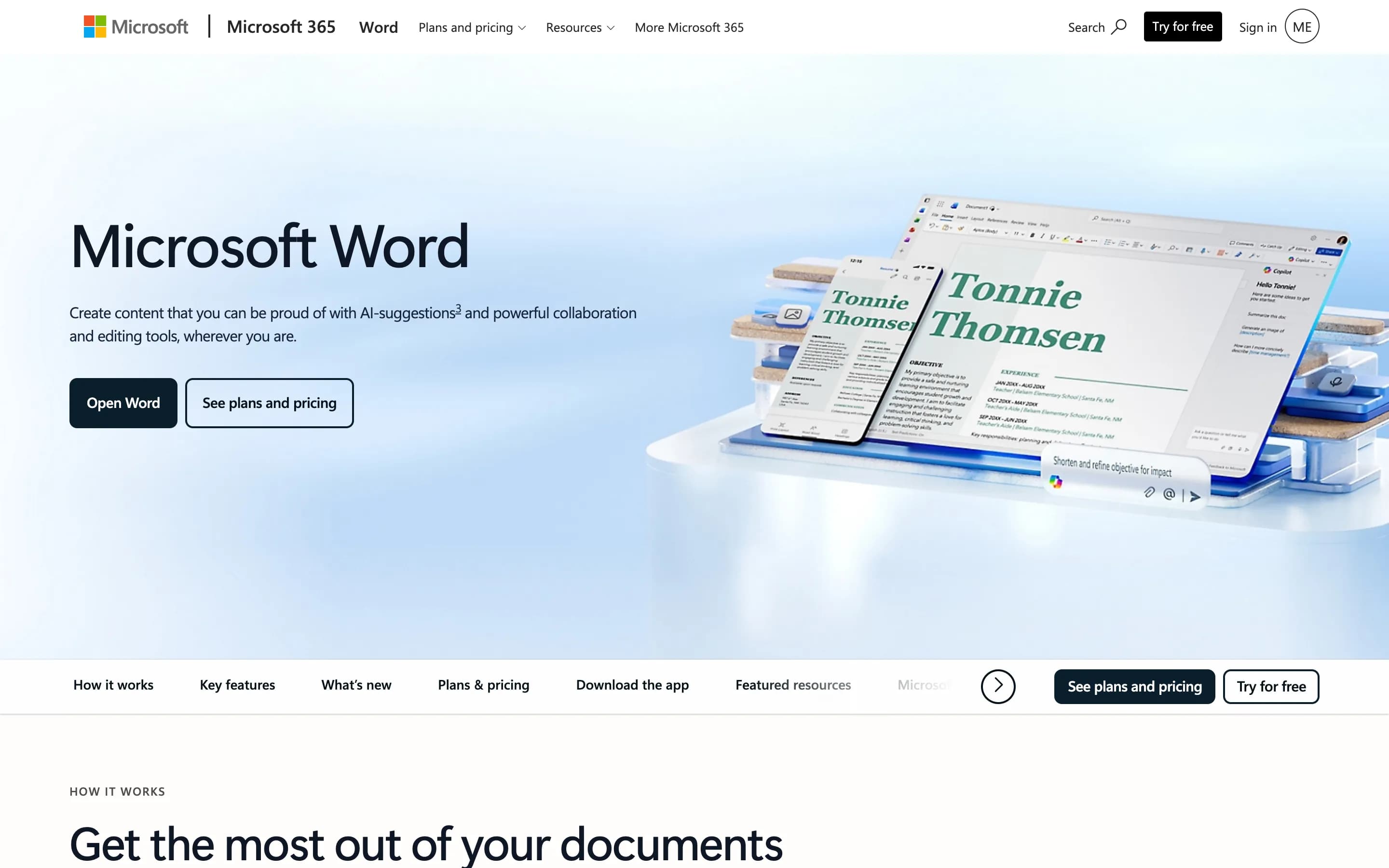 The Microsoft Word homepage