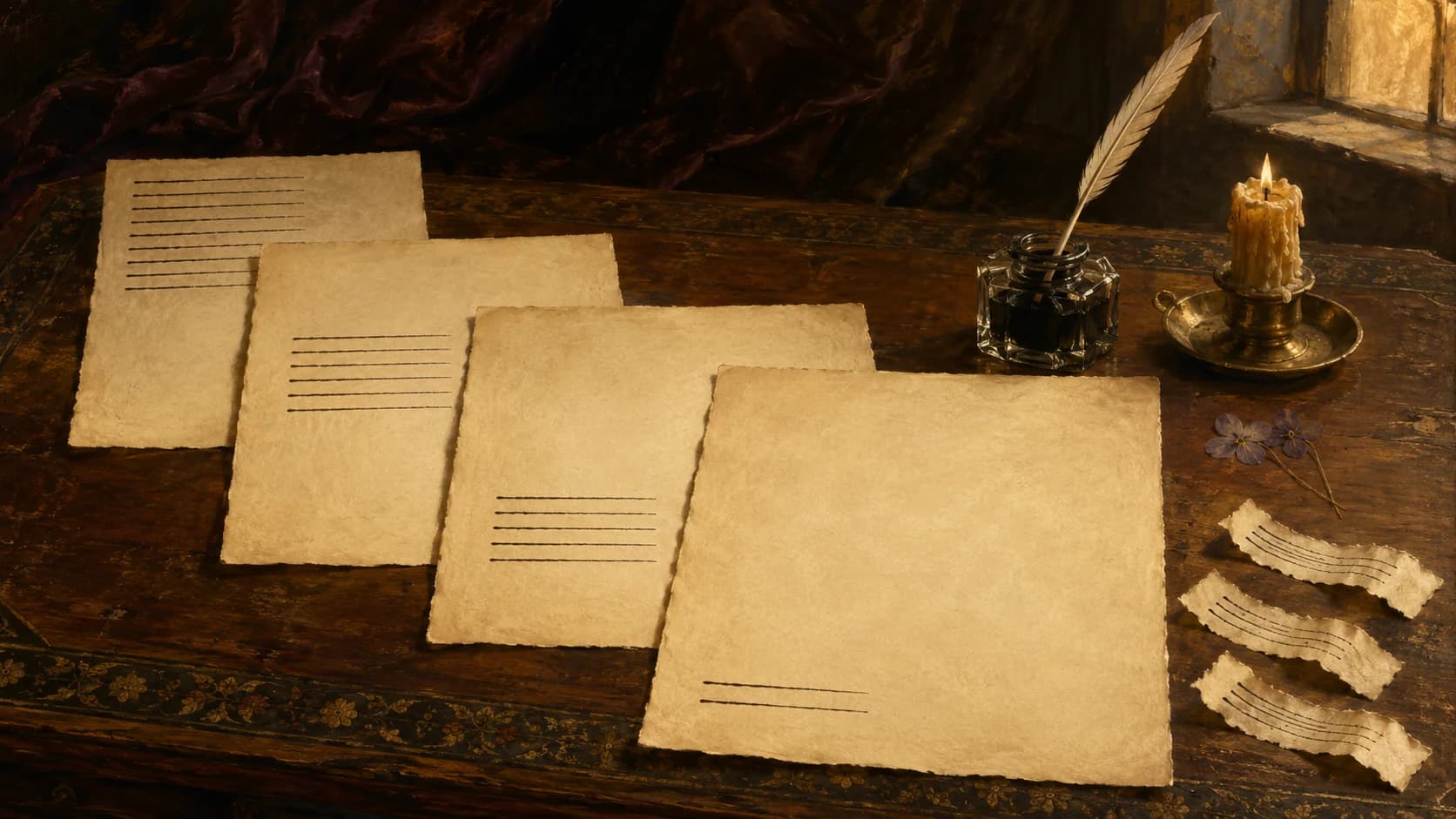 A painted still life on a writer's desk, four manuscript sheets of the same scene laid out in a stagger, the ink beginning at the top edge of the first sheet and near the foot of the last, with three torn-off paper strips lying beside them