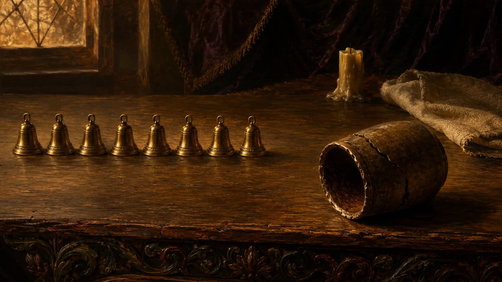 Eight identical small brass bells standing evenly spaced in the half shadow, and one cracked earthenware jar lying on its side in the warm light, larger and alone
