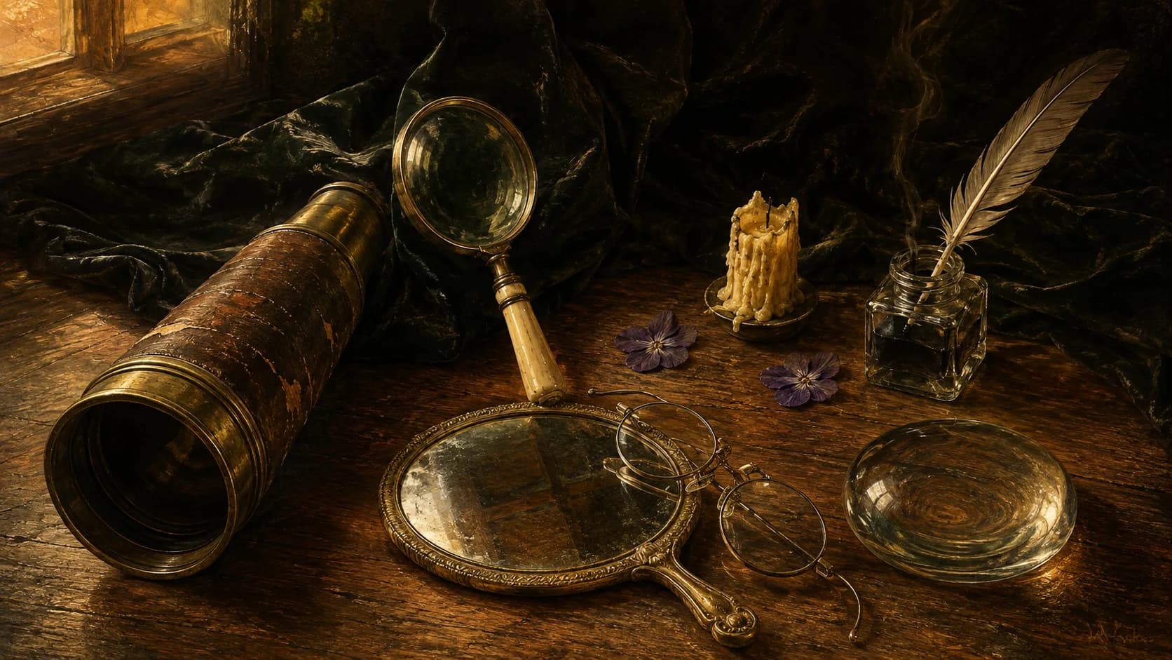 A painted still life of five old instruments for looking on a writer's desk, a brass spyglass, a bone-handled magnifier, a hand mirror gone blind, bent wire spectacles and a thick glass lens over the wood