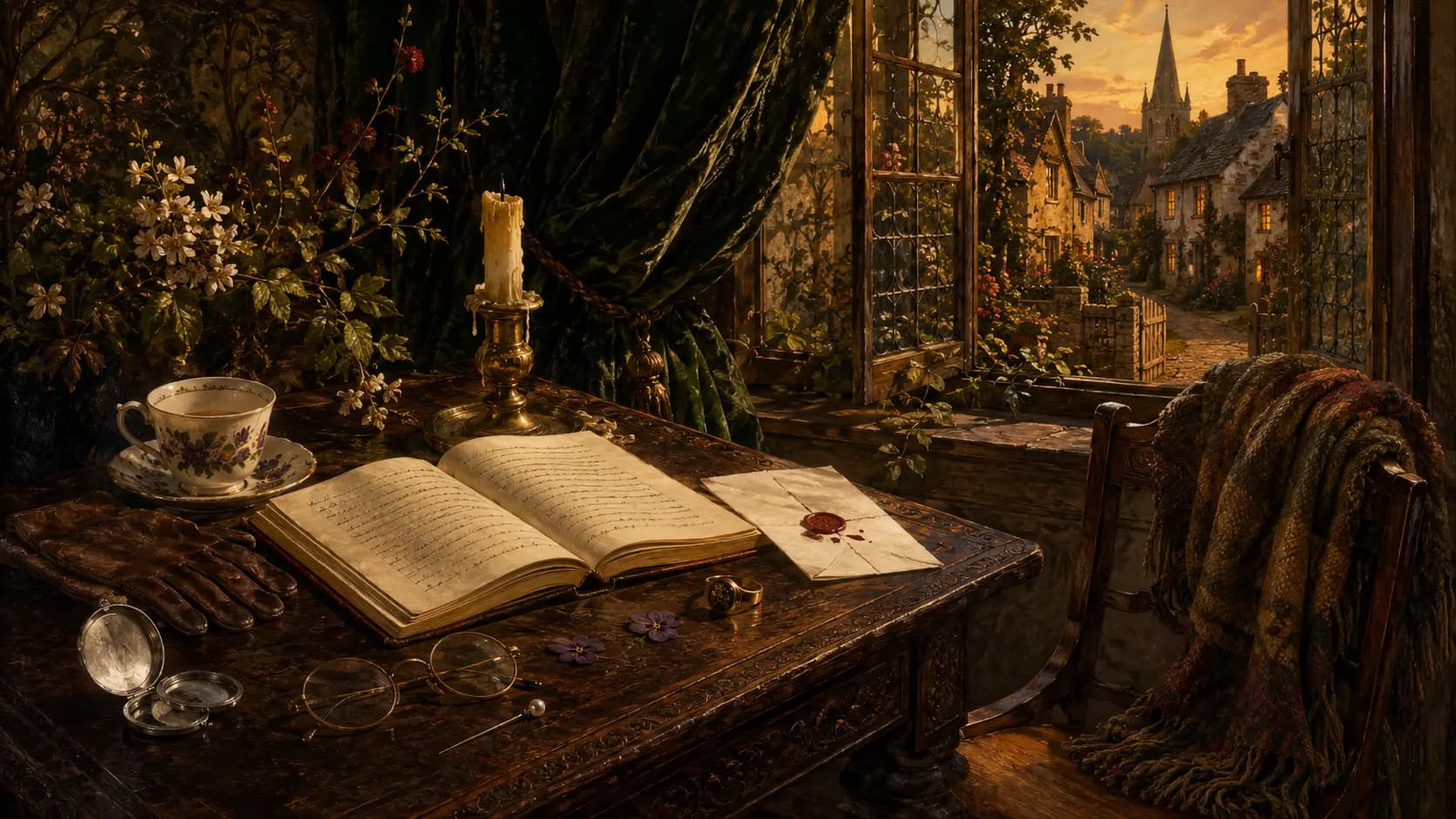 A painted writing desk at dusk: an open journal covered in handwriting, a sealed letter, spectacles, a pocket watch and gloves, and a village lane through the open window