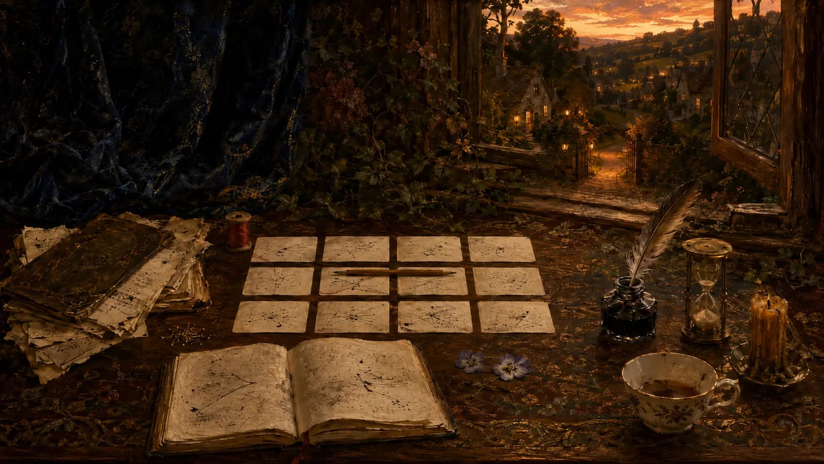 Twelve index cards laid out in rows on a desk at dusk, a pencil across the middle row and a red thread running between two of them