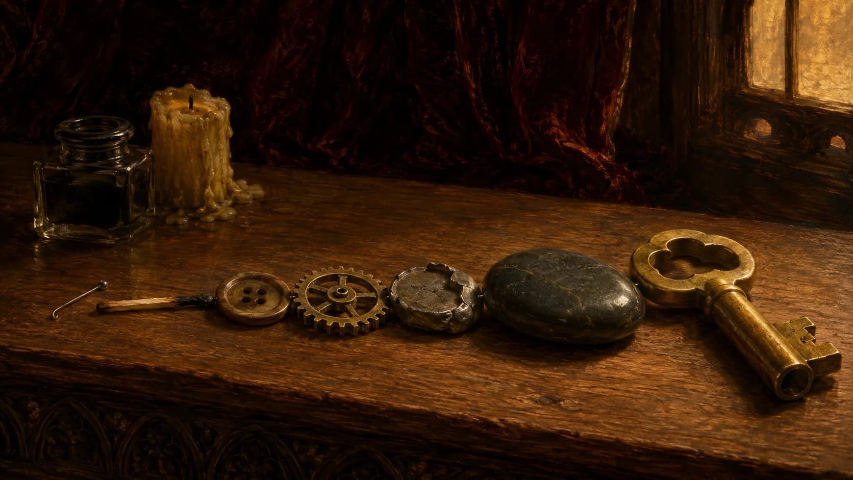 Seven worn objects laid in one unbroken touching line that grows larger and brighter, from a bent pin and a burnt match to a horn button, a clock gear, a broken lead seal, a dark pebble and a heavy brass key